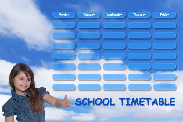 School Timetable Concept Blue Sky Background Smiling Tanned Young Girl — Stok fotoğraf