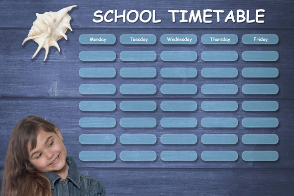 School Planner Concept Marine Theme Little Tanned Girl Smiling Timetable — 스톡 사진