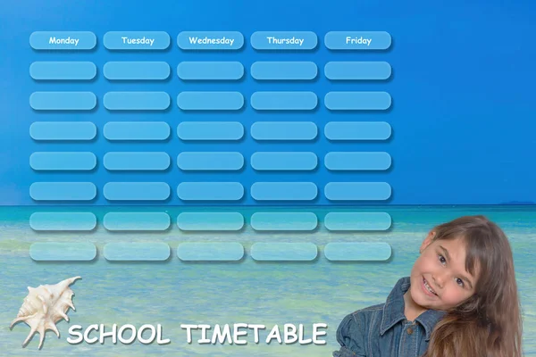 School Planner Concept Sea Theme Little Tanned Girl Smiling Timetable — 스톡 사진