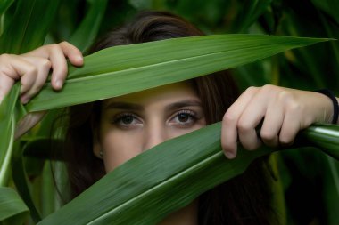 Young woman poses among the plants, looking at the camera and camouflaging. Horizontally. 
