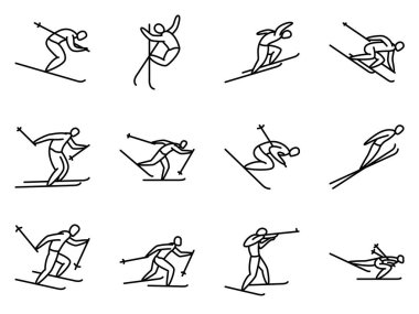 Kış sporları, kayak yarışmaları, kayak sporcuları, kış eğlenceleri. Bir dizi vektör simgesi, dış hat, izole edilmiş, 48x48 piksel.