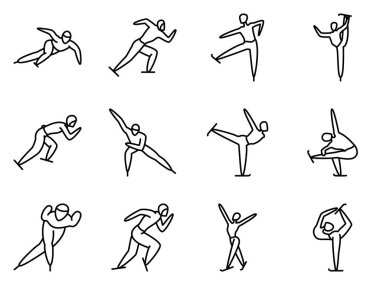 Hız pateni, artistik patinaj, buz pateni kış sporları ve eğlence. Bir dizi vektör simgesi, dış hat, izole edilmiş, 48x48 piksel.