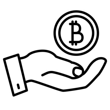 Avuç içinin üzerinde bir bitcoin. Ödeme elektronik para cinsinden. Simge, vektör, dış hat, izole edilmiş, 48 piksel.