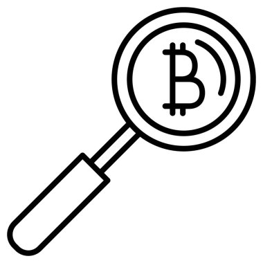 Bitcoin 'i ara. Şifreli para ile ödeme. Blockchain kullanımı. Bitcoin ve büyüteç. Simge, vektör, dış hat, izole edilmiş, 48 piksel.