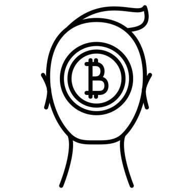 Kafasında Bitcoin var. Düşünceler, kripto para birimine yansımalar. Avantaj, bitcoinin güvenliği. Simge, vektör, dış hat, 48 piksel.