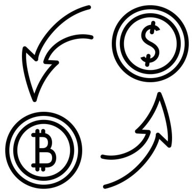 Bitcoin ve dolar değişimi. Para ve kripto para birimlerinin değişebilirliği. Simge, vektör, dış hat, izole edilmiş, 48 piksel.