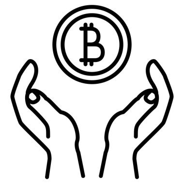 Bitcoin sembollü bir bozuk para açık avuçlara düşer. Simge, vektör, dış hat, izole edilmiş, 48 piksel.