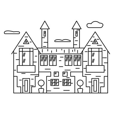 Ayrı girişi olan iki ev sahibi için iki katlı bir kulübe. Klasik tasarım. Ayrıntılı, çevrimdışı, izole edilmiş vektör kompleksi simgesi.