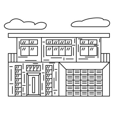 İki katlı, garajı ve çatısı düz bir ev. Ayrıntılı, çevrimdışı, izole edilmiş vektör kompleksi simgesi.