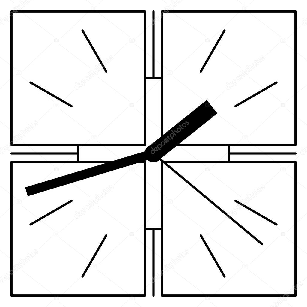 The watch face consists of four squares with thick rectangular hands. Vector icon, outline, isolated.