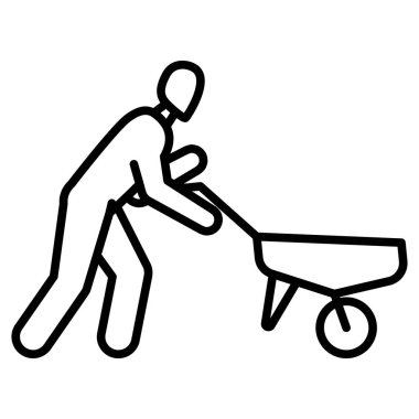 Bir adam el arabası itiyor. İnşaat işçisi, bina, bahçıvanlık, mal teslimatı, inşaat malzemeleri taşımacılığı. Vektör simgesi, özet, izole edilmiş.