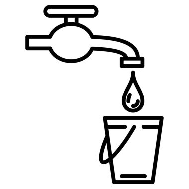 Musluktan kovaya su damlıyor. Su koyacak bir yer. Temizlik, dezenfeksiyon, temizlik odası. Vektör simgesi, özet, izole edilmiş.
