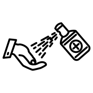 Eline antiseptik püskürtüyorum. Ellerin dezenfeksiyonu. Dezenfektan solüsyonlu avuç içi tedavisi. Hijyen, önleme. Vektör simgesi, özet, izole edilmiş.