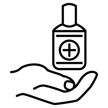 Avuç içinin üzerinde bir şişe antiseptik. Sağlığın korunması, ellerin dezenfekte edilmesi, hastalıkların önlenmesi. Vektör simgesi, özet, izole edilmiş.