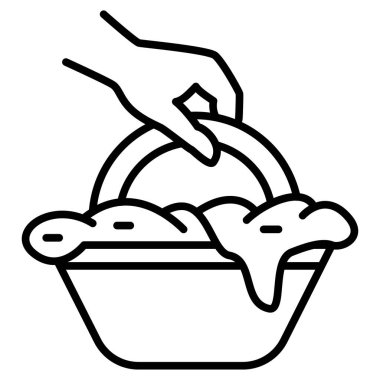 Bulaşıkların elle temizlenmesi. Ev işi. Eller tabağı köpüklü bir leğenle yıkar. Vektör simgesi, özet, izole edilmiş.