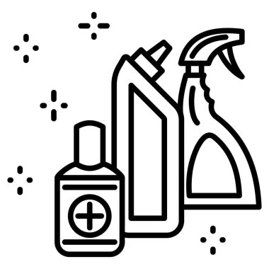 İçinde temizlik malzemesi olan şişeler, antibakteriyel, hijyenik, dezenfektan. Hijyen, temizlik, temizlik hizmetleri. Vektör simgesi, özet, izole edilmiş.