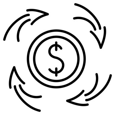 Döngüsel para değişimi. Döviz bürosu. Dolar parası ve dönen oklar. Mevduat yönetimi. Hızlı bir ödeme. Vektör simgesi, özet, izole edilmiş.