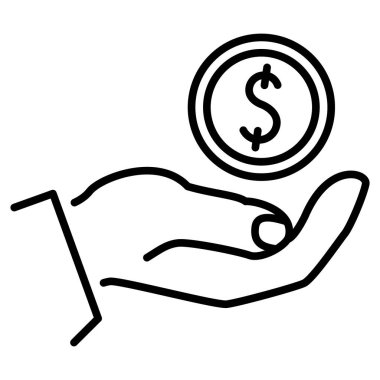 Bağış, ödeme, bağış. Avuç içinin üzerinde dolar sembolü olan bir bozuk para. Para biriktiriyorum. Vektör simgesi, özet, izole edilmiş.