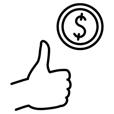 Finansal para transferlerinin faydaları. Dolar sembollü bir bozuk para, onaylayıcı bir el hareketi. Vektör simgesi, özet, izole edilmiş.