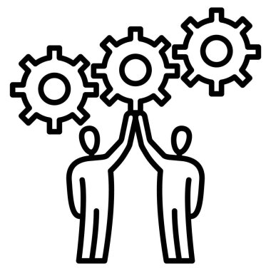 İnsanlar dişli mekanizmasını onarmak için birlikte çalışıyorlar. Takım çalışması, işbirliği, karşılıklı yardım. Vektör simgesi, özet, izole edilmiş.