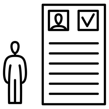 Adayın özgeçmişi, işe alım, çalışan araması, anket, anket, aday onayı. Bir kişinin profili. Vektör simgesi, özet, izole edilmiş.