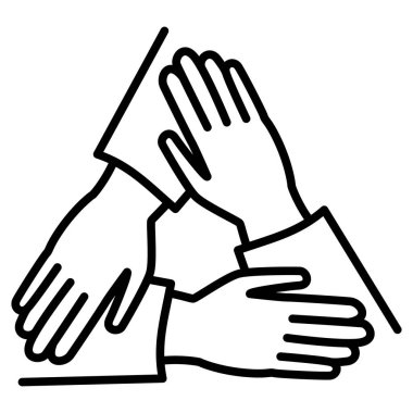 Takım çalışması, iş arkadaşları ve aynı fikirdeki insanlarla işbirliği, birlik, güçlü bir arkadaşlık. Üç el bir arada. Vektör simgesi, özet, izole edilmiş.