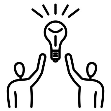 Takım çalışması, yaratıcı düşünme, yaratıcı düşünce. İki kişi birlikte yeni bir fikirle geldi. Ampul yeniliğin ve sezginin sembolüdür. Vektör simgesi, özet, izole edilmiş.