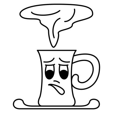 Buharda pişmiş sıcak bir içecekle bir kupa. Büyük yuvarlak saplı bir fincan. Şaşkınlık, zorluk, korku. Duygulu bir yüz. Vektör simgesi, özet, izole edilmiş.