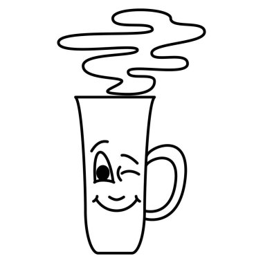 Sıcak bir içecek için büyük bardak. Çay, kahve, süt, çikolata. Duygulu bir yüz. Vektör simgesi, özet, izole edilmiş.
