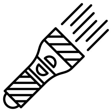 Karanlıkta arama yapmak için güçlü bir ışığı olan uygun küçük bir el feneri. Kamp için el feneri. Dışarıda turizm, güvenlik, seyahat. Vektör simgesi, özet, izole edilmiş