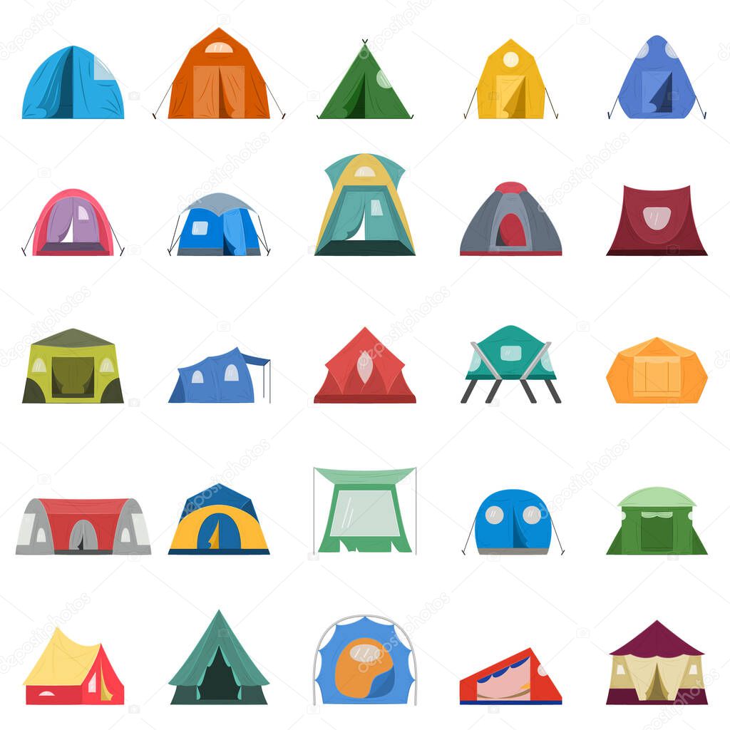 Tent for camping, tourism, travel outside. Different tents for overnight and rest. Set of vector icons, flat, cartoon, isolated.