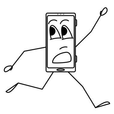 İnsansı stilize akıllı telefon ekranda bir duyguyla çalışıyor. Kaçmak, korku, kurtuluş, acele. Vektör simgesi, taslak, çizgi film, izole edilmiş