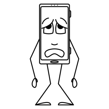 Üzüntü, hayal kırıklığı. Akıllı telefon ekranındaki duygular. Tarzlı bir akıllı telefon. İnsansı bir alet. Vektör simgesi, taslak, çizgi film, izole edilmiş