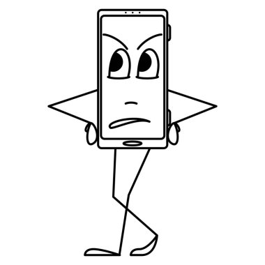 Ekranda duygu yüklü bir akıllı telefon. Tarzlı bir akıllı telefon durur ve bekler. Beklenti, sabırsızlık, öfke, hoşnutsuzluk. Vektör simgesi, taslak, çizgi film, izole edilmiş