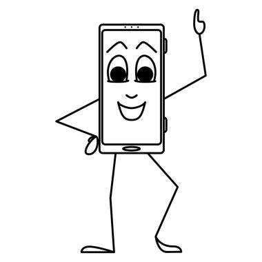 Tatmin olmuş ve kendinden emin bir akıllı telefon elini sallıyor. Aletin stilize edilmesi. İnsanlaştırma, duygu yüklü akıllı telefon, eller ve ayaklar. Vektör simgesi, taslak, çizgi film, izole edilmiş