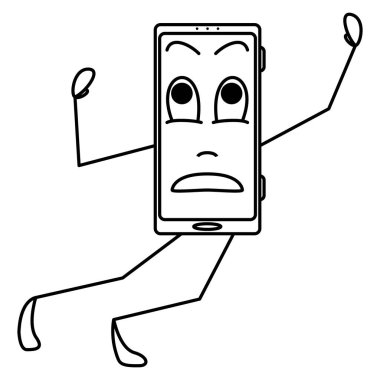 Akıllı telefon düşer, tökezler. Dengesiz denge. Duygulu akıllı telefon. Bir insansı cihaz. Tarzlı bir alet. Vektör simgesi, taslak, çizgi film, izole edilmiş