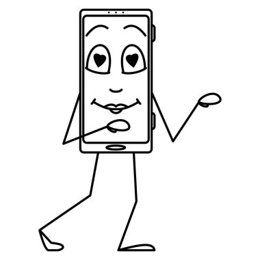 Aşık bir akıllı telefon kendisini kendine çeker. Duyguları olan akıllı telefon, insanlaştırma, stilize etme. Vektör simgesi, taslak, çizgi film, izole edilmiş