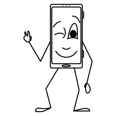 Akıllı telefon sinsice göz kırpıyor. Vitrininde duygu olan insansı stilize akıllı telefon. Vektör simgesi, taslak, çizgi film, izole edilmiş