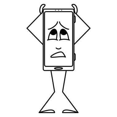Dalgın bir akıllı telefon, bir sürü sorun, bir baş ağrısı. Elleri, ayakları ve duyguları ekranda olan bir akıllı telefon. Vektör simgesi, taslak, çizgi film, izole edilmiş