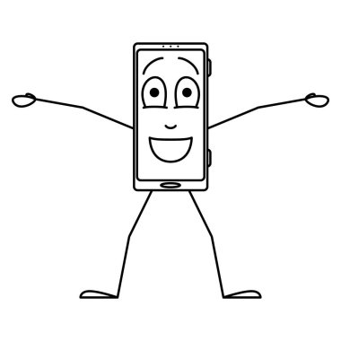Akıllı telefon kollarını ardına kadar açtı. Neşe, samimiyet, sürpriz. Duygular ekranda. İnsanlaştırma. Akıllı telefon tasarımı. Vektör simgesi, taslak, çizgi film, izole edilmiş