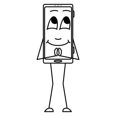 Akıllı telefonunuz için teşekkürler ve çok duygulandım. Ekranda duygu yüklü bir akıllı telefon. Aletin insanlaştırılması ve stilize edilmesi. Vektör simgesi, taslak, çizgi film, izole edilmiş