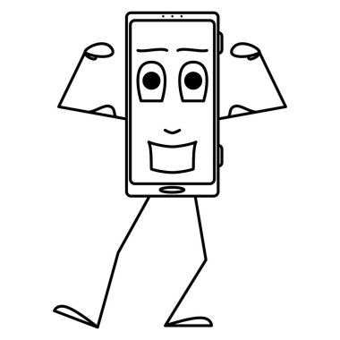 Güçlü bir akıllı telefon kaslarını gösterir. Akıllı telefon kazananı. Vektör simgesi, taslak, çizgi film, izole edilmiş