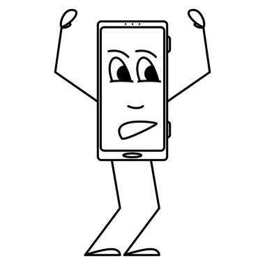 Akıllı telefonun içerlemesi ve hoşnutsuzluğu. Elleri havada ve ekranda duygu yüklü bir akıllı telefon. Vektör simgesi, taslak, çizgi film, izole edilmiş