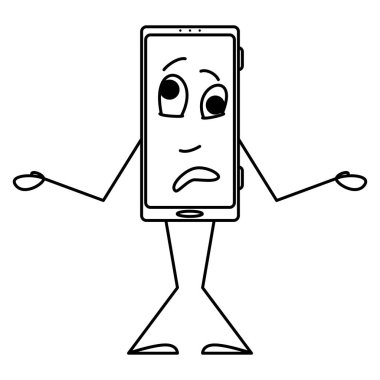 Akıllı telefonun kafası karışık ve hiçbir şey anlamıyor. Duyguları, elleri ve ayakları olan stilize bir akıllı telefon. Vektör simgesi, taslak, çizgi film, izole edilmiş