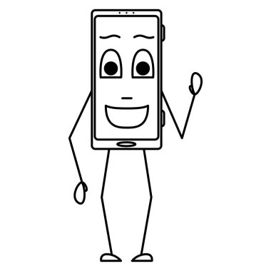 Gözleri ve ağzı açık, selamları ve dalgaları açık bir akıllı telefon. Ekranda duygu, eller ve ayaklar olan bir akıllı telefon. Vektör simgesi, taslak, çizgi film, izole edilmiş