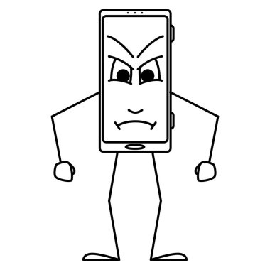 Agresif, huysuz, öfkeli bir akıllı telefon. Duygulu akıllı telefon. Stilizasyon, aletin insanlaştırılması. Vektör simgesi, taslak, çizgi film, izole edilmiş
