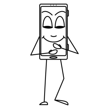 Tatmin olmuş bir akıllı telefon kendini gözleri kapalı okşar. Bir aletin insancıllaştırılması, ekranda duygu olan bir akıllı telefonun stilize edilmesi. Vektör simgesi, taslak, çizgi film, izole edilmiş