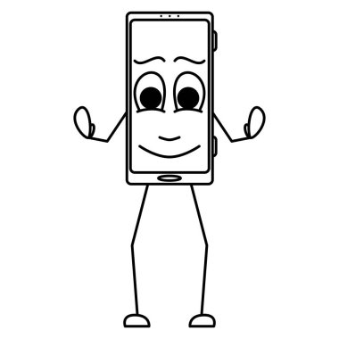 Kocaman gözlü şirin bir akıllı telefon sarılmak istiyor. İnsanlaştırma, aletin stilize edilmesi. Duygulu akıllı telefon. Vektör simgesi, taslak, çizgi film, izole edilmiş