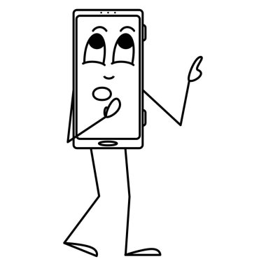 Akıllı telefon dikkatle elini bir şeye doğrultuyor. Duyguları olan bir akıllı telefonun insanlaştırılması, bir aletin stilize edilmesi. Vektör simgesi, taslak, çizgi film, izole edilmiş