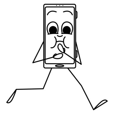 Akıllı telefon yanaklarını şişirdi, gözlerini şişirdi ve koştu. Duyguları, elleri ve ayakları olan bir akıllı telefon. Aletin stilize edilmesi. Aşırı içerik bolluğu. Vektör simgesi, taslak, çizgi film, izole edilmiş